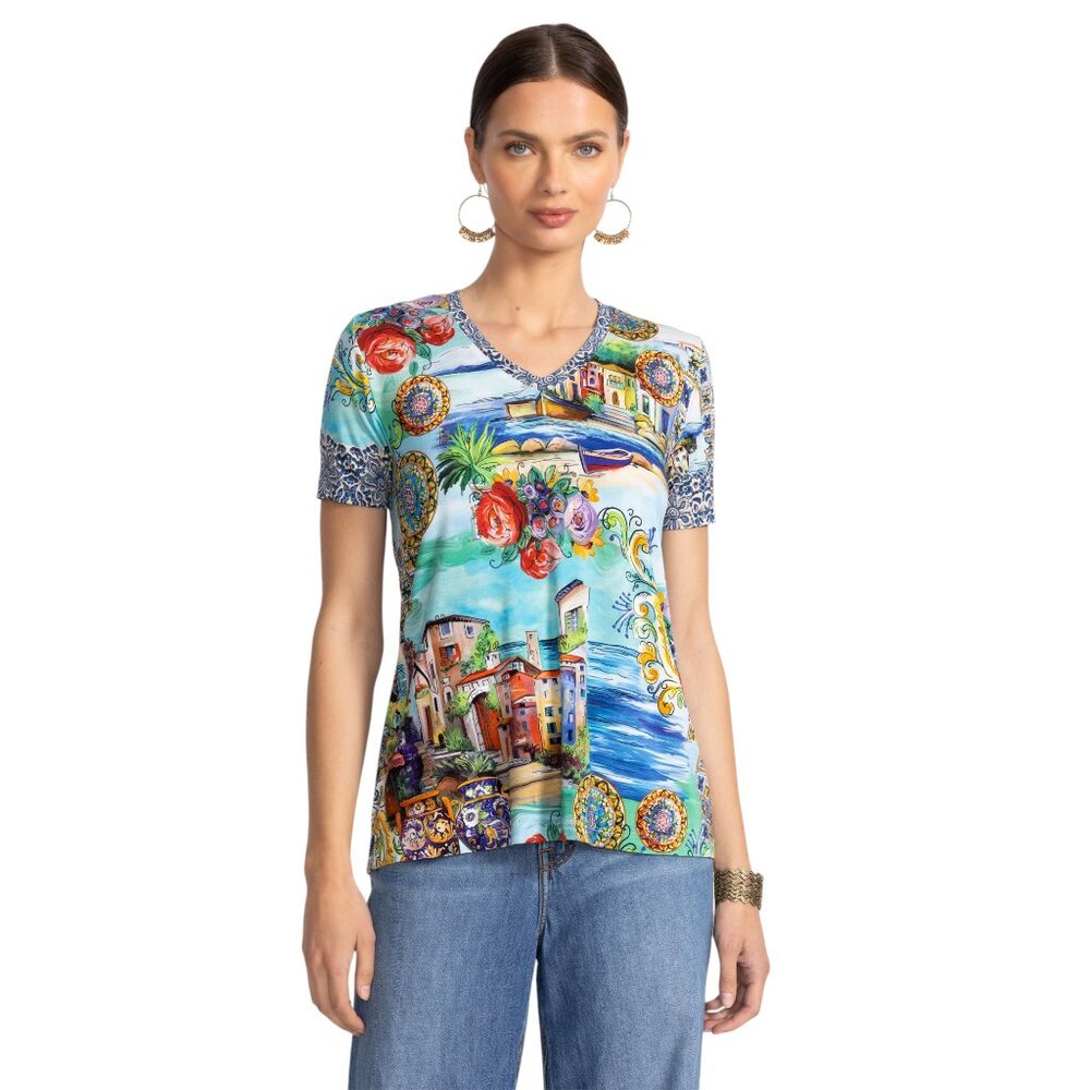 Johnny Was Janie Christy Short Swing Tee Floral Shirt Green Blue Top Medium NEW